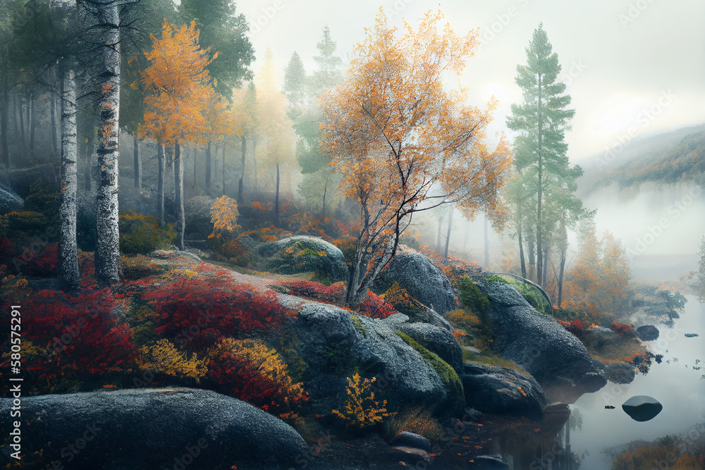 Poster A beautiful landscape shot of a Scandinavian forest in autumn, with colorful leaves and misty fog adding to the serene atmosphere. Generative AI technology.
