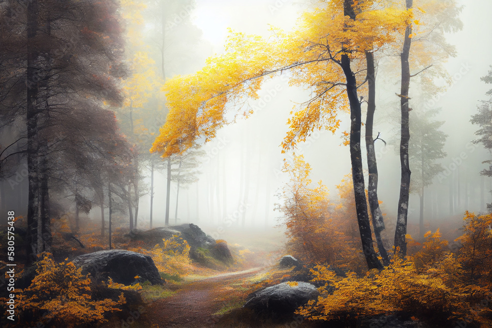 Poster A beautiful landscape shot of a Scandinavian forest in autumn, with colorful leaves and misty fog adding to the serene atmosphere. Generative AI technology.