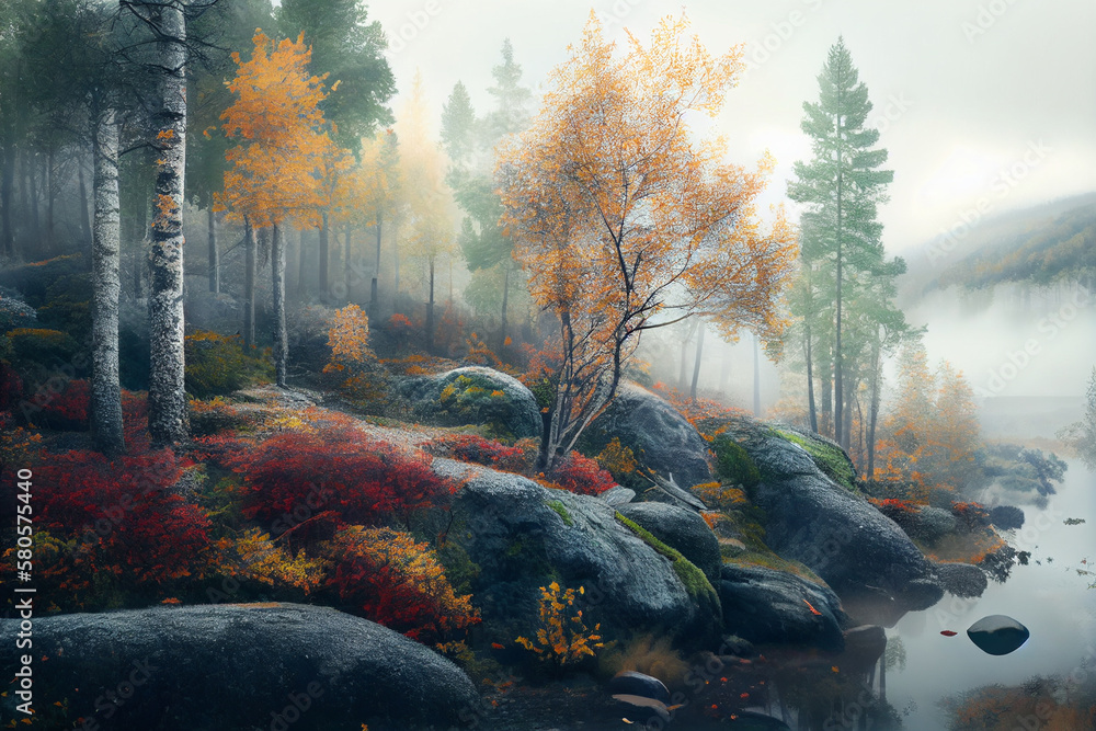 Aufkleber A beautiful landscape shot of a Scandinavian forest in autumn, with colorful leaves and misty fog adding to the serene atmosphere. Generative AI technology.