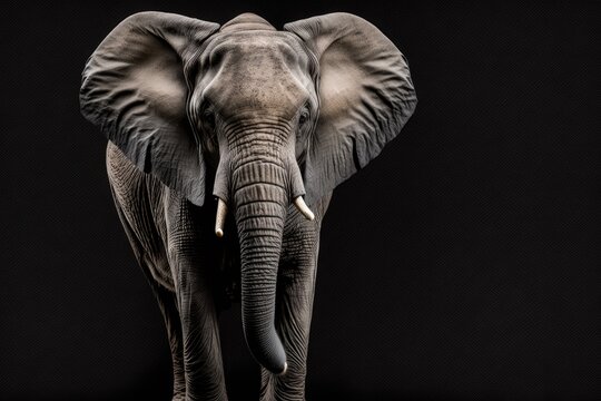 Elephant from Africa on the black. Photo with a spot for your writing. Profil elephant. Animal Live has this picture. A banner of an African elephant. Generative AI