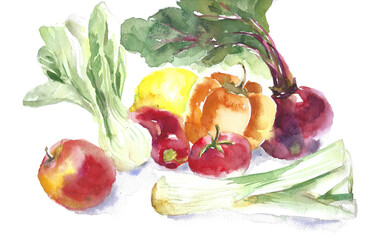 Vegetable and fruit watercolor, composition of watercolor vegetables. Beetroot, apple, lemon, pepper, leek, lettuce, tomato Illustration.