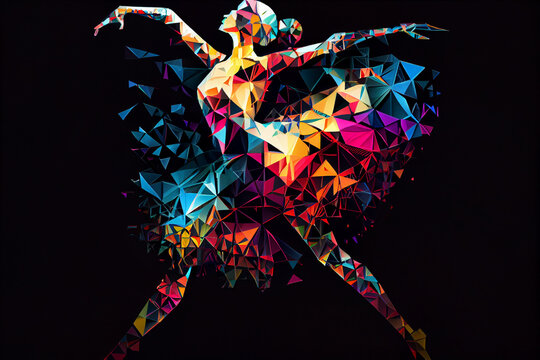 A digital art piece depicting a ballerina in a colorful, abstract environment, with her body contorted in a mesmerizing pose.