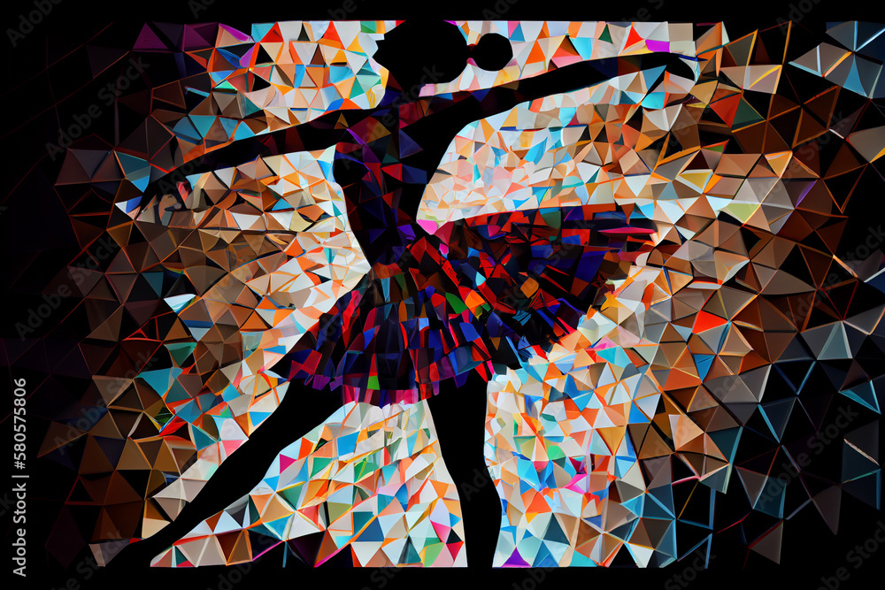 Aufkleber A digital art piece depicting a ballerina in a colorful, abstract environment, with her body contorted in a mesmerizing pose. Generative AI technology.
