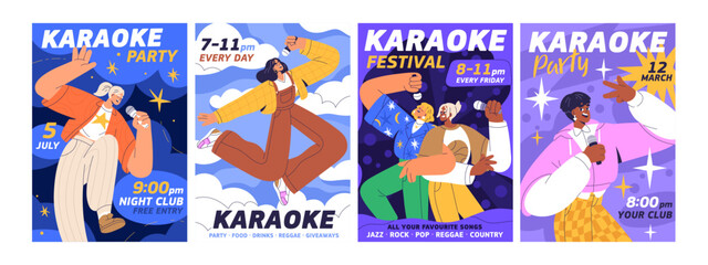 Karaoke, music party posters designs set. Vocal event, song festival, live concert in night club, flyers backgrounds templates. Vertical promotion banners with girls singing. Flat vector illustrations © Good Studio