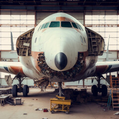 Fototapeta na wymiar Plane under construction in a hangar. Generative AI.