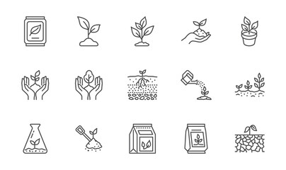 Plant growing line icons set. Spring growth stage, seeds, seedling, drought, soil testing, agriculture vector illustration. Outline signs for gardening. Editable Stroke - obrazy, fototapety, plakaty