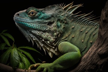 Obraz premium Close up picture of a green iguana sitting on a branch. Generative AI