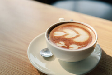 Hot cappuccino, vintage style coffee powder and coffee beans with green leaves On a black background

