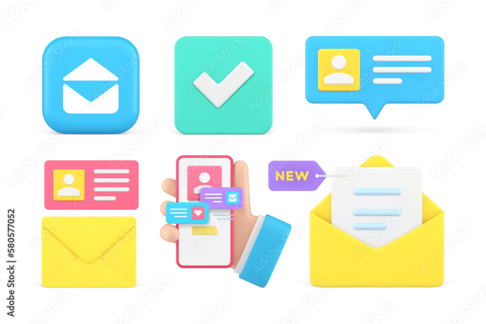 Poster internet communication cyberspace chatting notification message newsletter set 3d icon vector