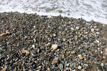 Rocky beach. Wet sea stones on the seashore.