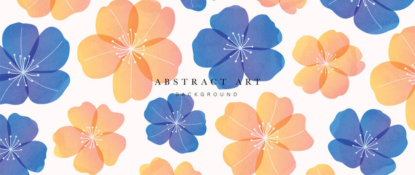 Abstract floral art background vector. Watercolor flowers with line art and blue flowers, orange flowers. Art design illustration for wallpaper, poster, banner card, print, web and packaging.