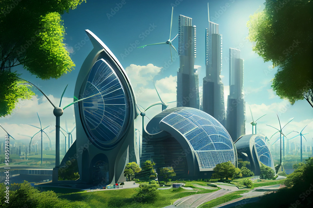 Aufkleber sky-high buildings: one possible image could be a view of a futuristic city with tall, sleek, and mo