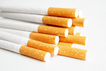 Cigarette, roll tobacco in paper with filter tube, No smoking concept.