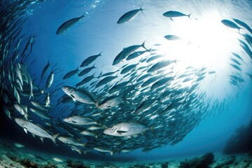 Naklejka premium Group of wild sea fish in blue water. Generative ai.