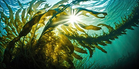 Fototapeta na wymiar Large seaweeds in the water in the rays of sunlight. Generative ai.