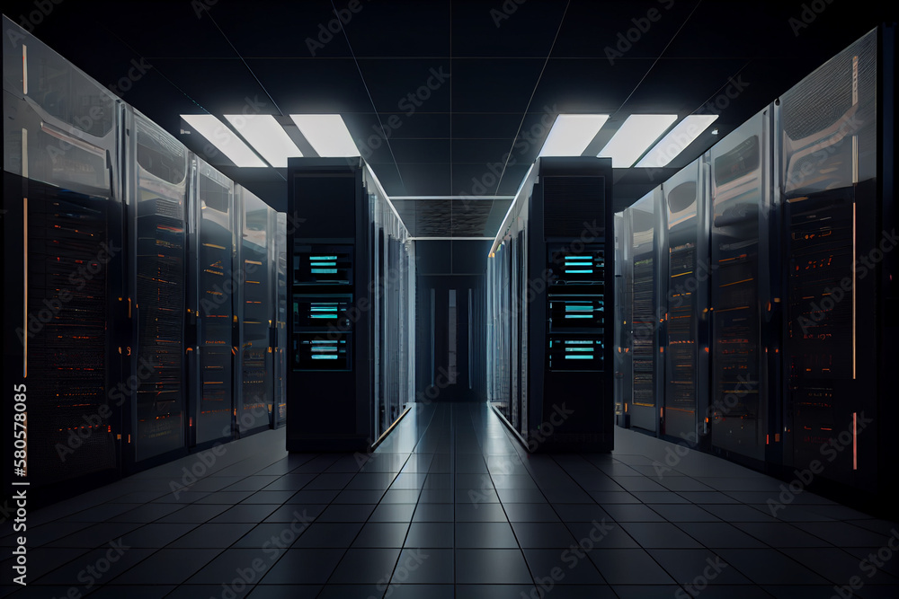 Poster an artistic rendering of a data center with a futuristic and sleek design, indicating the role of te