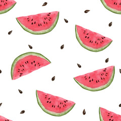 Seamless watermelons pattern.  background with watercolor watermelon slices.