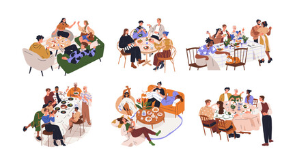 Friends gatherings around dinner tables set. Happy people eating, talking at home and restaurants parties, hangouts with food and drinks. Flat graphic vector illustrations isolated on white background - obrazy, fototapety, plakaty