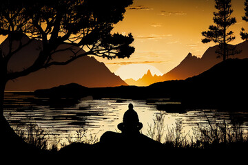 Naklejka na ściany i meble Silhouette of a person meditating in nature: This image often features a person sitting cross-legged on a mountain or by a lake, with the sun setting or rising in the background. The silhouette adds a