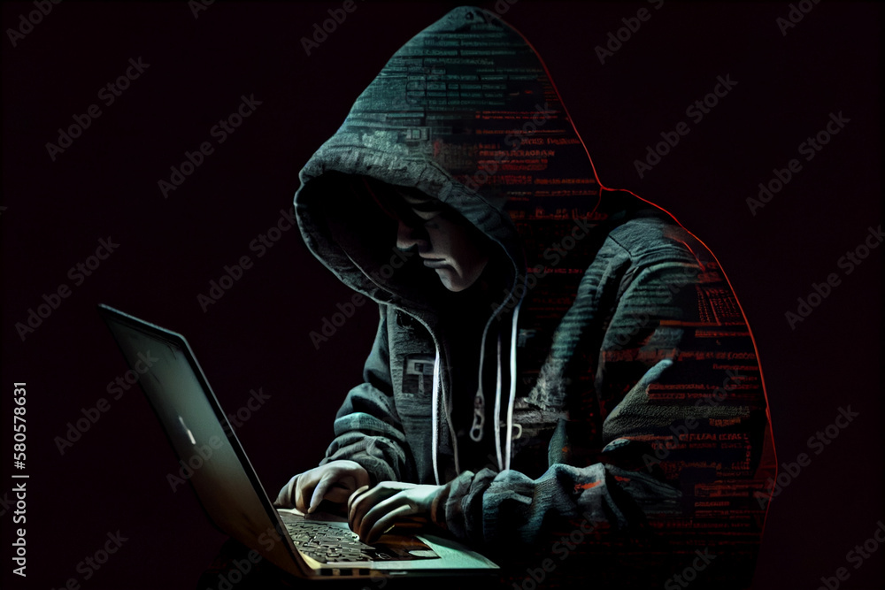 Poster A person in a hoodie typing on a laptop while sitting in a darkened room, which is a stereotype of a hacker but may also convey a sense of clandestine activity and technical expertise.