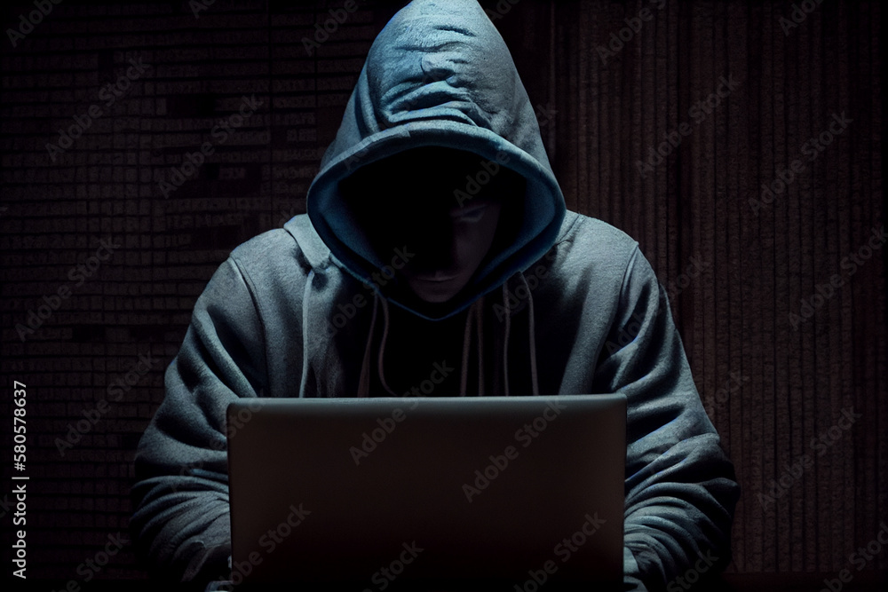 Poster A person in a hoodie typing on a laptop while sitting in a darkened room, which is a stereotype of a hacker but may also convey a sense of clandestine activity and technical expertise.