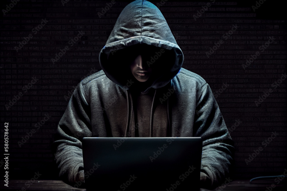 Poster A person in a hoodie typing on a laptop while sitting in a darkened room, which is a stereotype of a hacker but may also convey a sense of clandestine activity and technical expertise.