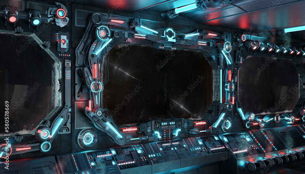 Fototapete Dark spaceship interior with isolated window. Futuristic spacecraft with glowing blue and red control panels and empty view. 3D rendering