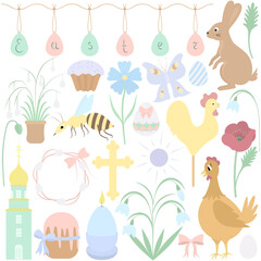 Easter collection. Colored vector illustration. Flat style. Festive set. Easter, egg, rabbit, wasp, wreath, candle. Isolated background. Happy Easter. Idea for web design.