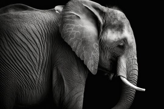A dramatic black and white picture of an elephant on a black background. Generative AI