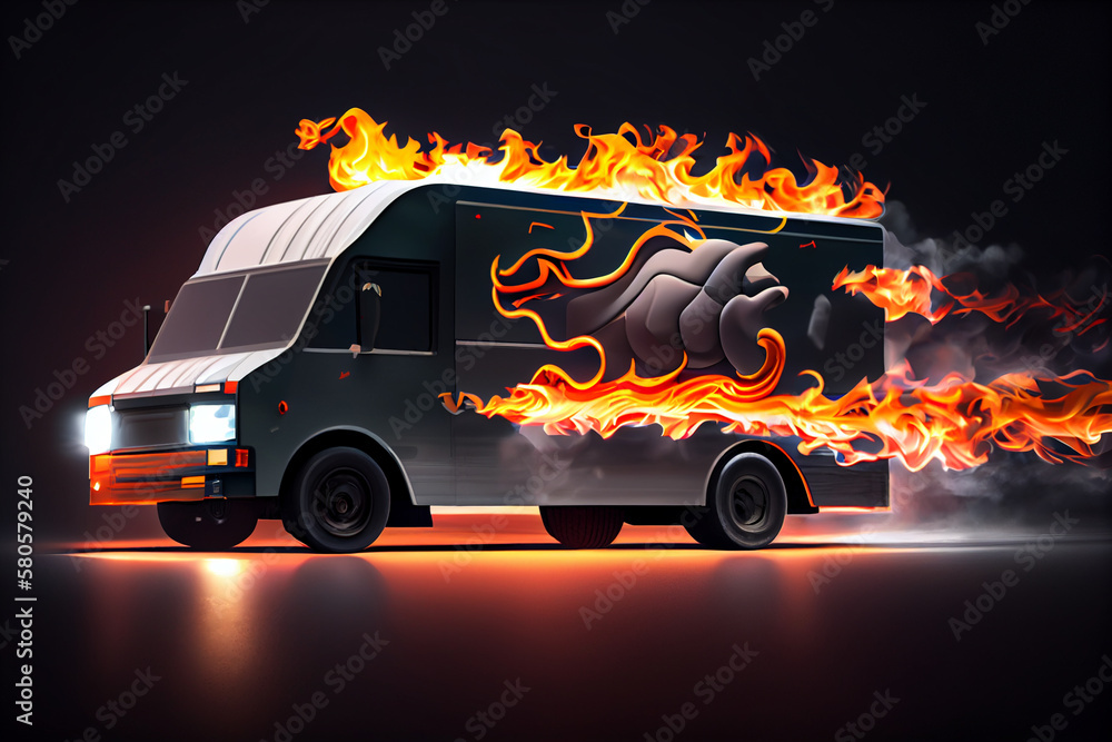 Poster a graphic image of a delivery truck with flames or other symbols indicating speed and fast delivery.