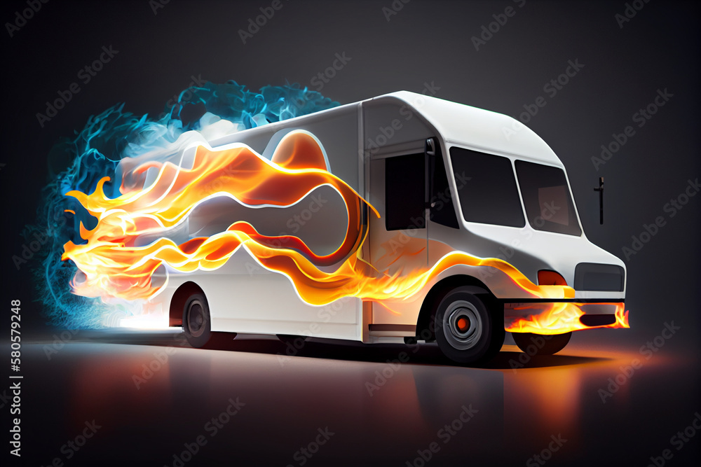 Poster a graphic image of a delivery truck with flames or other symbols indicating speed and fast delivery.