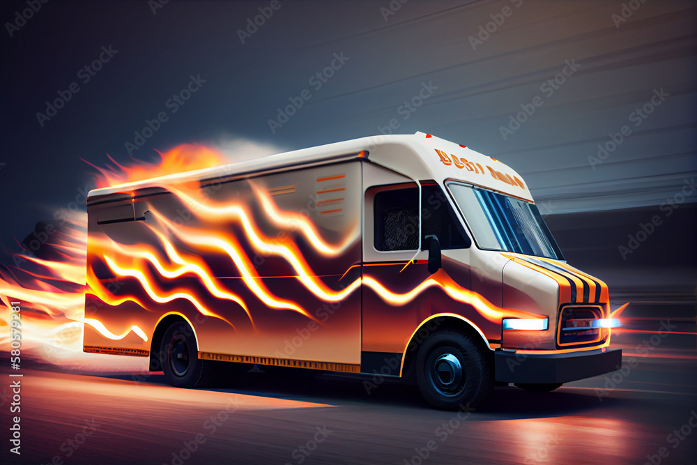 Poster a graphic image of a delivery truck with flames or other symbols indicating speed and fast delivery.