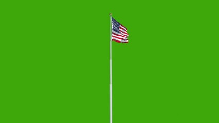 american flag pole fluttering in the wind isolated on green screen background. 4k,60fps resolution