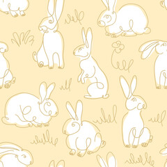 One line drawing Rabbits seamless vector pattern. Easter background
