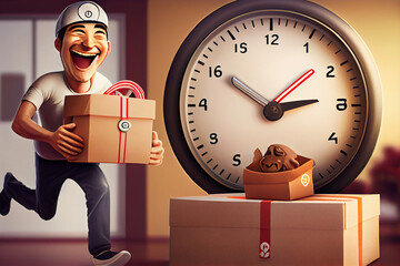 A person receiving a package with a big smile on their face, with a delivery driver handing them the package, Generative AI technology.