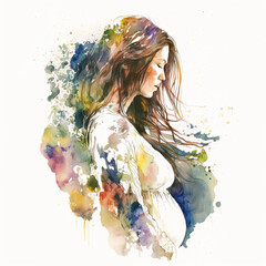 Illustration of a pregnant woman with a big belly, drawing in a watercolor style on a white background. Generative ai - obrazy, fototapety, plakaty