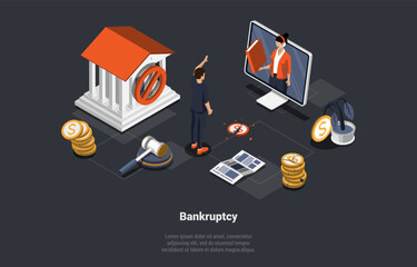Financial Crisis, Default, Unemployment, Debts, Bankruptcy. Bank Financial System Collapse And Business, Devaluation, Unpaid Loan. Man Lose All Investments And Job. Isometric 3D Vector illustration