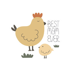 Best mom ever. Cartoon birds, hand drawing lettering, decoration elements. Colorful flat style illustration. design for cards, prints, posters, cover