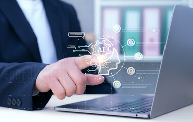 Businessman using technology smart robot AI, artificial intelligence.Chatbot Chat with AI.Futuristic technology transformation