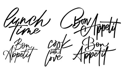 Set of script food text quote. Bon appetit lettering in hand drawn style. Typography word for menu, cafe, poster. Vector illustration