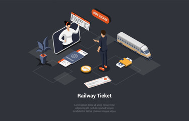 Naklejka premium Online Buying Railway Tickets Mobile App, Traveling by Train Concept. Man Passenger Buying Ticket Online For Intercity Train. Character At Railway Platform. Isometric 3d Cartoon Vector Illustration
