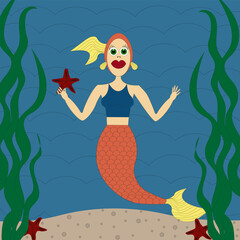 Mermaid with starfish in the hand on blue sea wave background with seaweed and seabed. Beutiful vector illustration with sea siren.
