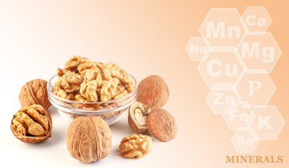 fresh kernels, broken and whole walnuts close-up isolated on color gradient background with markings of minerals found in walnut