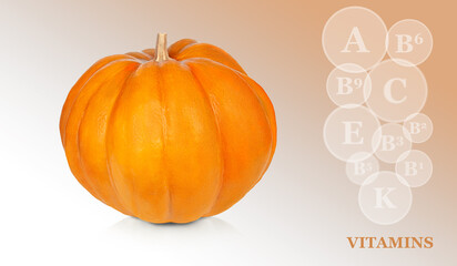 pumpkin isolated on a colored gradient background with markings of vitamins found in pumpkins