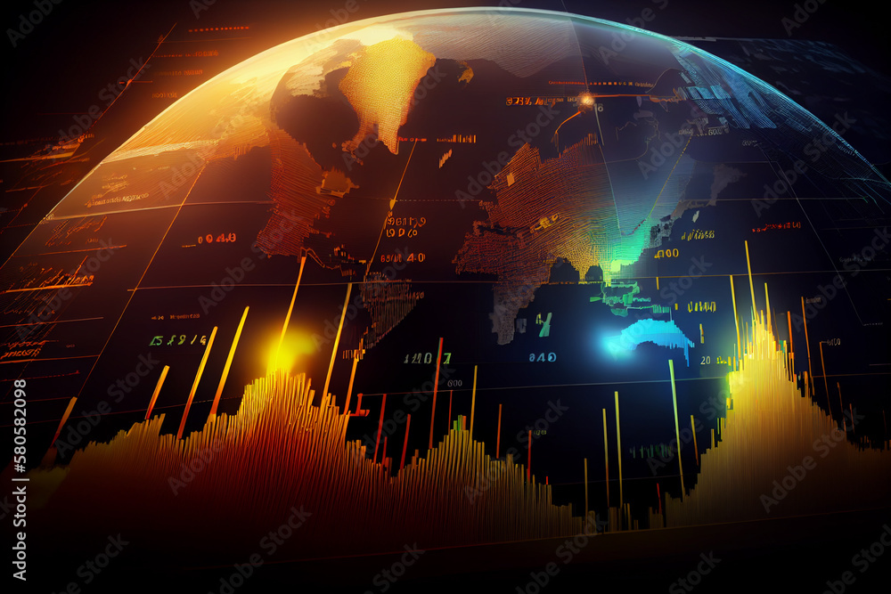 Poster image of stock market charts and graphs indicating the rise or fall of global economies. generative 