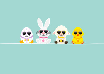 Osterei, Weißer Osterhase Schaf & Küken Sonnenbrille Karte Türkis