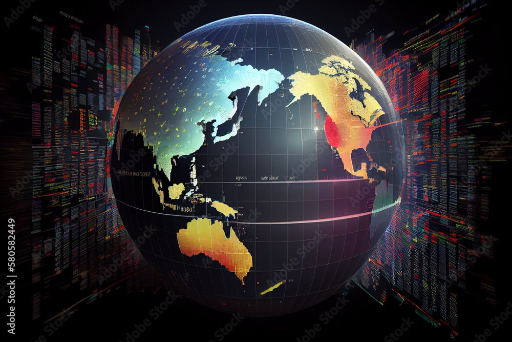 Poster image of stock market charts and graphs indicating the rise or fall of global economies. generative 