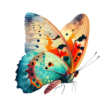 Tropical butterfly isolated on white background. Watercolor illustration.  Generative AI