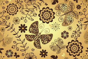 Vector seamless pattern with butterflies, branches with berries, flowers on the golden background.