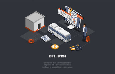 Online Tickets Buy App And Public Transport Concept. Male Character Searching For Bus Ticket On The Internet. Man Buy Tickets Online On City Bus On Bus Stop. Isometric Cartoon 3d Vector Illustration